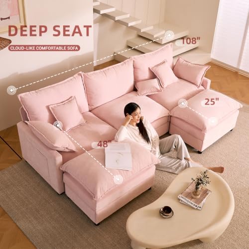 GOSUHI 108" U-Shaped Modular Cloud Couch, Deep Seat, Chenille Pink | Clo...