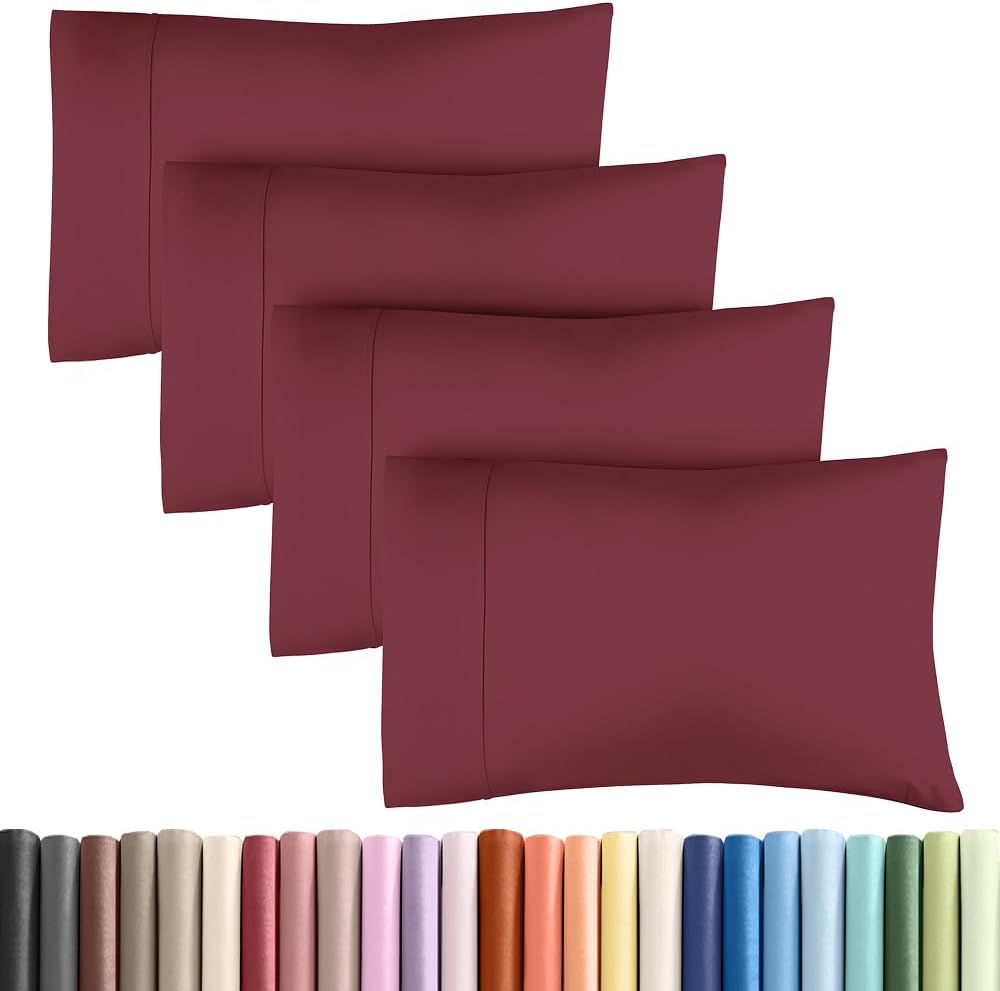 King Pillow Cases - 4 Pack - Super Soft Pillowcase Covers - Envelope Enclosure - Hotel Quality Pillow Protectors - Wrinkle Free, Shrink and Stain Resistant - Machine Washable - 20" x 40" (Burgundy)
