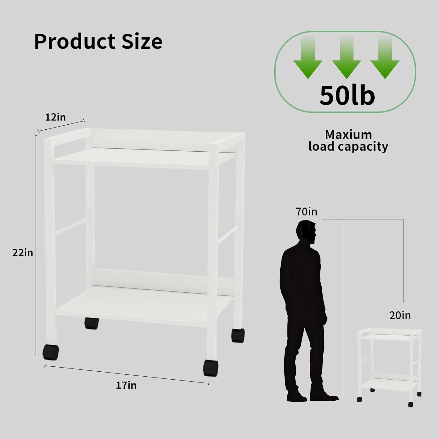 Rolling Side Table & Nightstand, 2-Tier Industrial Sofa Table with Wood Shelves on Wheels, Mobile End Table, Small Storage Cart for Living Room, Bedroom, Office.White