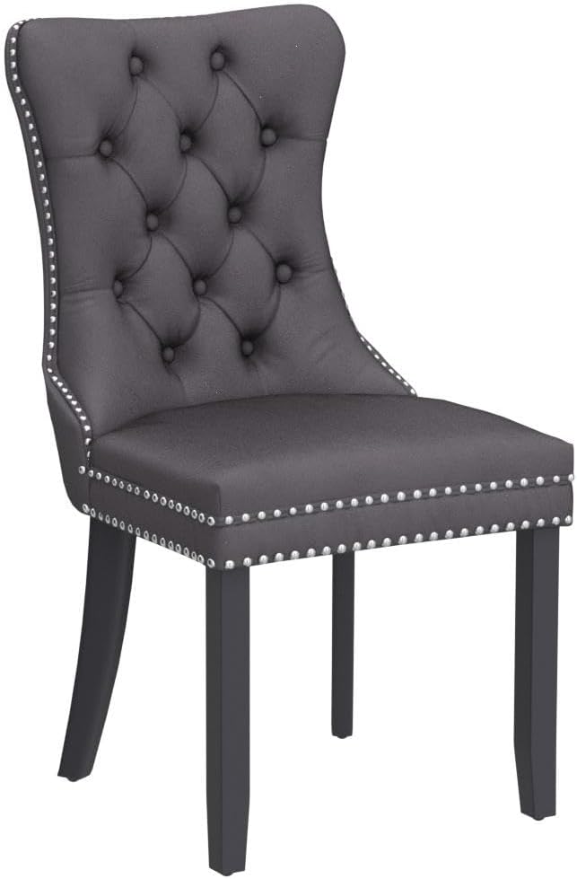 KCC Velvet Dining Chairs Set of 2, Upholstered High-end Tufted Dining Room Chair with Nailhead Back Ring Pull Trim Solid Wood Legs, Nikki Collection Modern Style for Kitchen, Grey