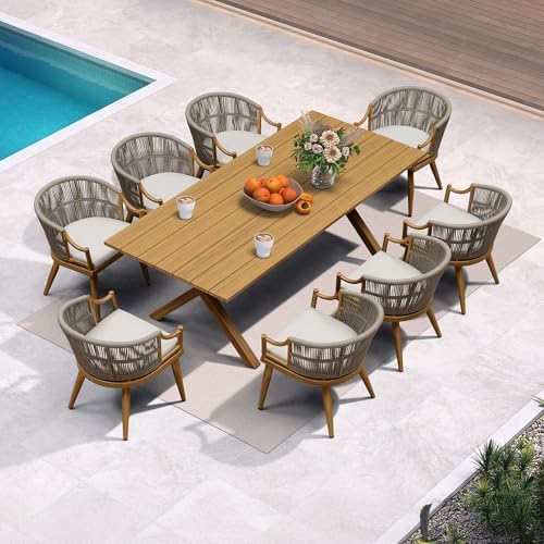 PURPLE LEAF Outdoor Dining Set for 8 Aluminum Table Set w/Cushions, Teak