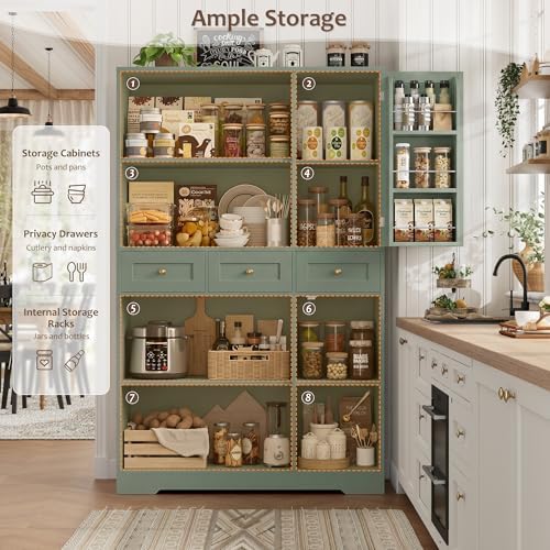 HOSTACK 67"H Farmhouse Kitchen Pantry Storage Cabinet with 3 Drawers, Gr...