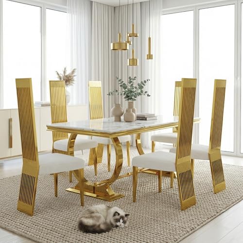Dining Chairs Set of 6, Luxury Upholstered Boucle Chairs with Slatted Mirrore...