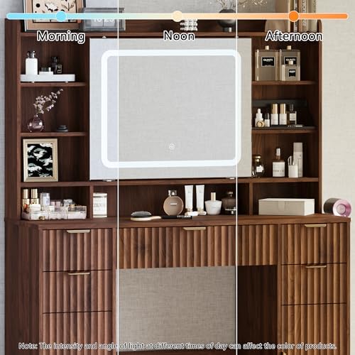 43.3" Fluted Vanity Desk with Mirror and Lights, Modern Makeup Vanity Ta...