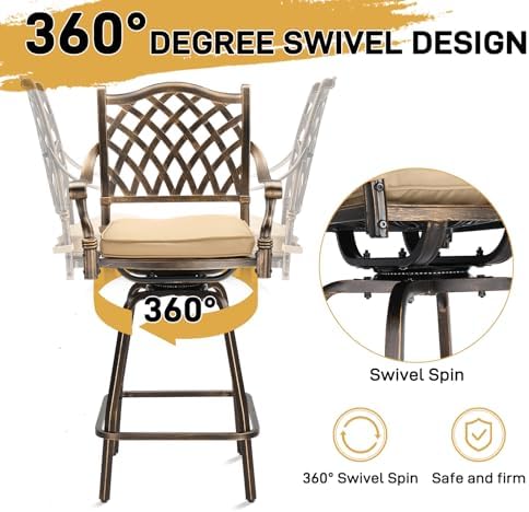 VINGLI Outdoor Swivel Bar Stools Set of 2, Cast Aluminum All-Weather Patio Ba...