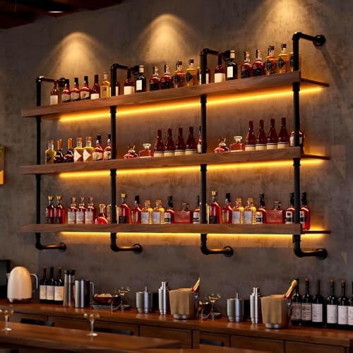 31.4in Wall Mounted Wine Rack with LED Light Solid Wood | 3-Tiers Liquor Bott...