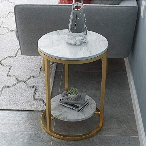 Telephone Table, 2 Layer White Marble Print Side Table,with Gold Metal Frame,...