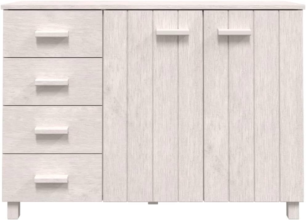 White Solid Pinewood and MDF Sideboard with 4 Drawers and 2 Doors, Modern Sto...