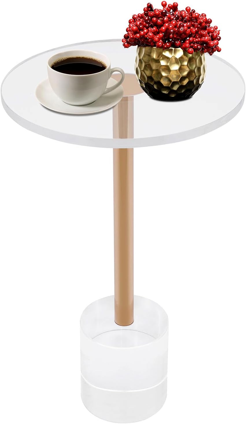 Modern Side Table with Cylindrical Base, Clear Acrylic End Table, Brushed Bra...
