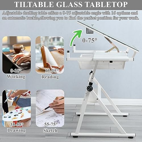 Drafting Table for Artists, Glass Drawing Table with Stool,T1-White