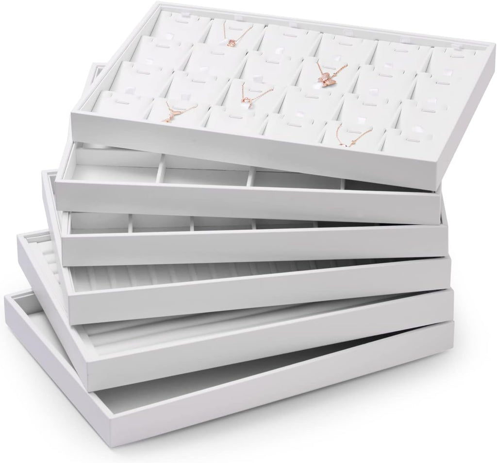 White Jewelry Display Organizer Tray Stackable Premium PU Leather 24 Grid Trinket Earring Ring Organizer Tray