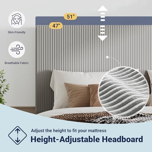 Allewie Full Bed Frame, Corduroy Tufted Headboard, Light Grey