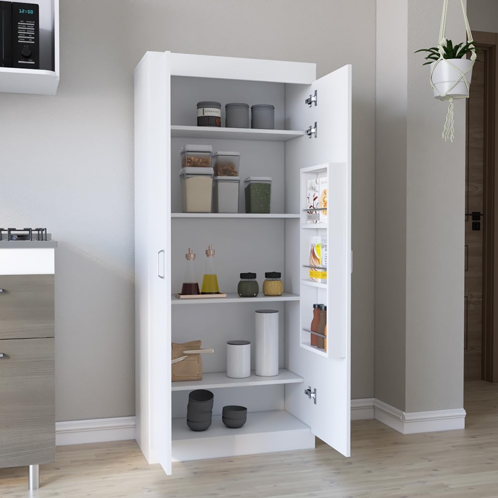White Kitchen Pantry, Storage Cabinet with 2 Doors, Particle Board, for Dinin...