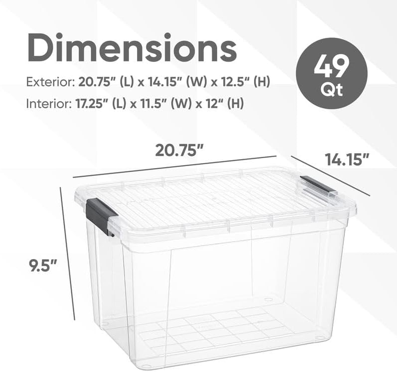 Superio Clear Storage Boxes with Lids, 49 Quart Plastic Container Bins for Organizing, Stackable Crates, BPA Free, Non Toxic, Odor Free, Organizers for Home, Office and Dorm, 8 Pack