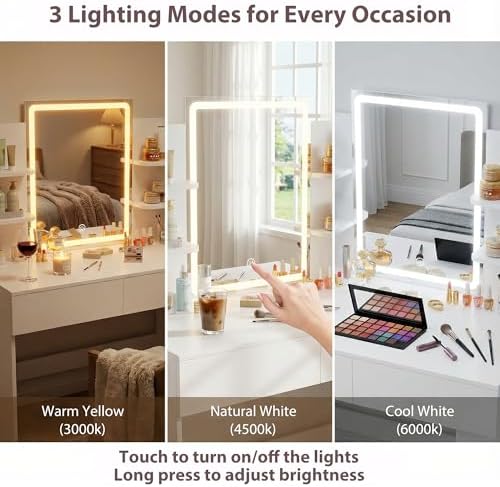 Furmax Vanity Desk with Mirror and LED Lights, White with Bench | Makeup Vani...