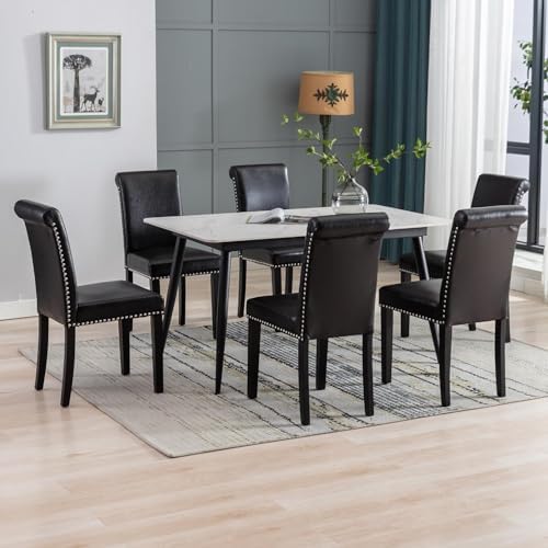 Dining Room Chairs Set of 6, Upholstered PU Leather, Rubber Wood, Black