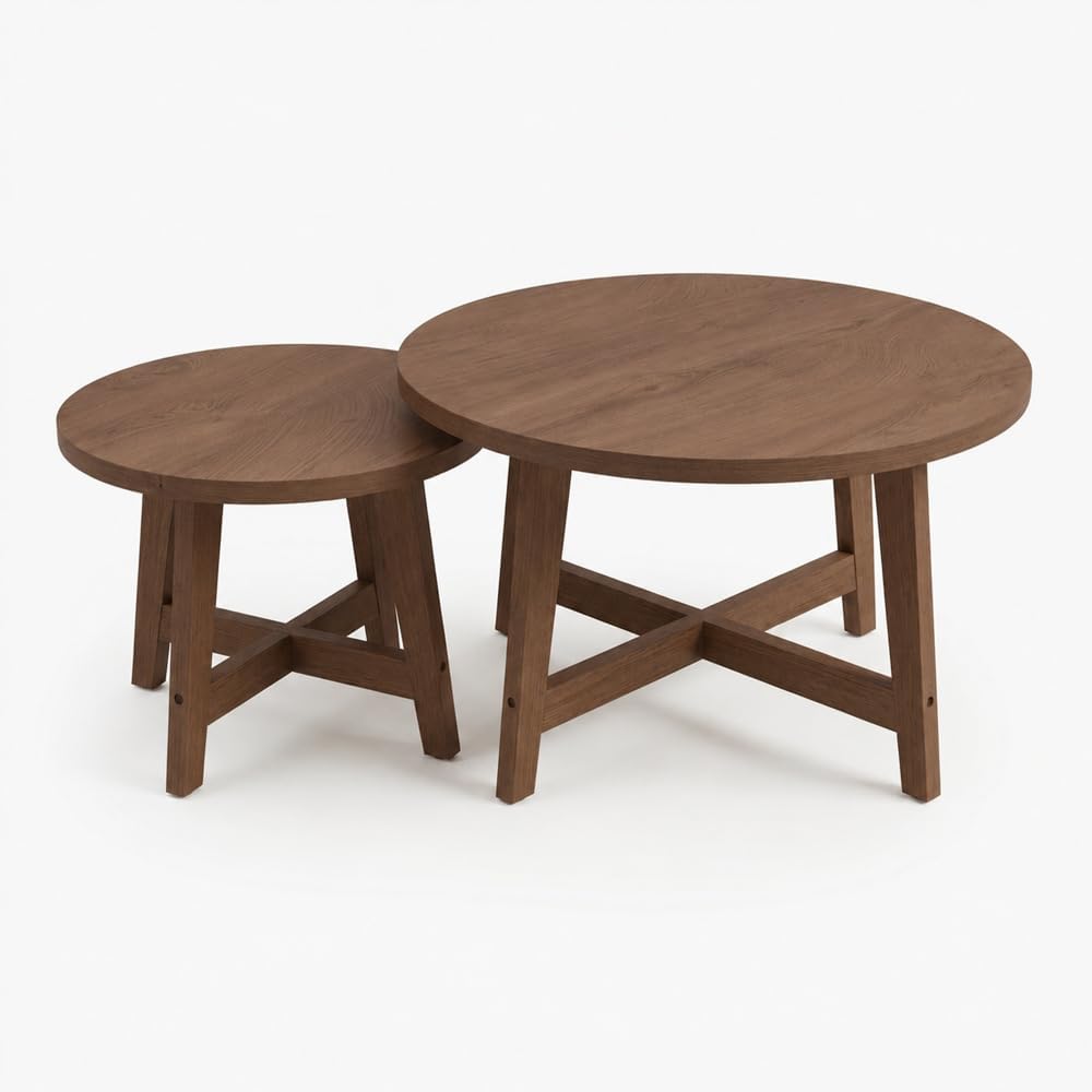 Set of 2 Round Nesting Coffee Tables,Walnut Tone | X-Shaped Frame, Stackable ...