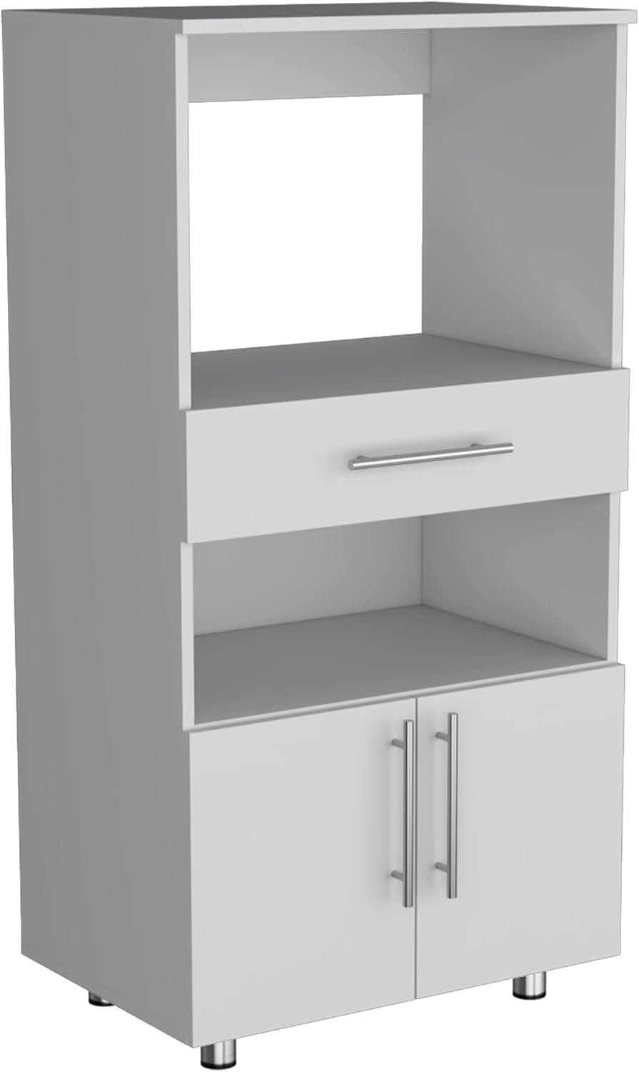 Classic White Kitchen Pantry with Open Shelves, Microwave Shelf, & Storag...
