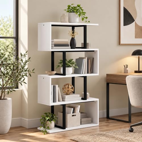 YITAHOME 5-Tier S-Shaped Bookcase, Modern Display Shelf, Cream White