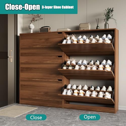Xixini Shoe Storage Cabinet for Entryway with 3 Flip Drawers, Sturdy Wood Hidden Shoe Storage, Freestanding Narrow Slim Shoe Organizer for Front Door Entrance, Living Room, Hallway, Bedroom, Walnut
