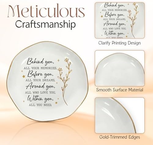 Graduation Gifts for Women Her - 4"x4" Ceramic Jewelry Dish Tray | Graduation Gift, Inspirational Gifts for Women, Ring Dish for Women, Gold Trim Design, Desk Vanity Decor, Polished Finish