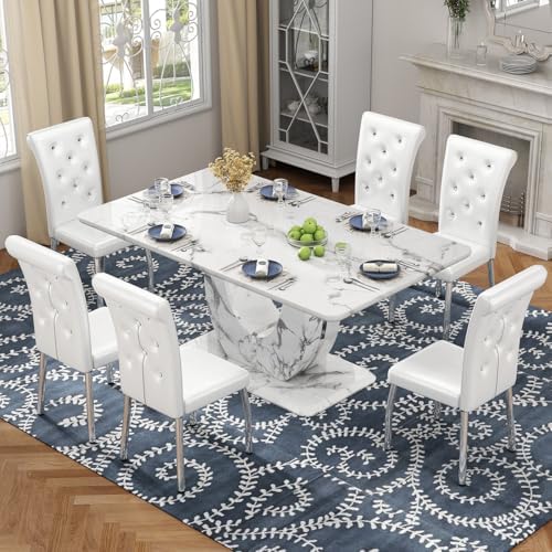 Modern Faux Marble Dining Table Set for 6, 63" White Rectangular Kitchen...