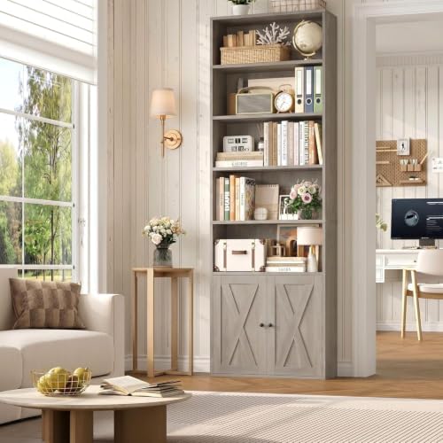 FACBOTALL 82" Tall Bookcase, Farmhouse Bookshelf with Doors, Gray