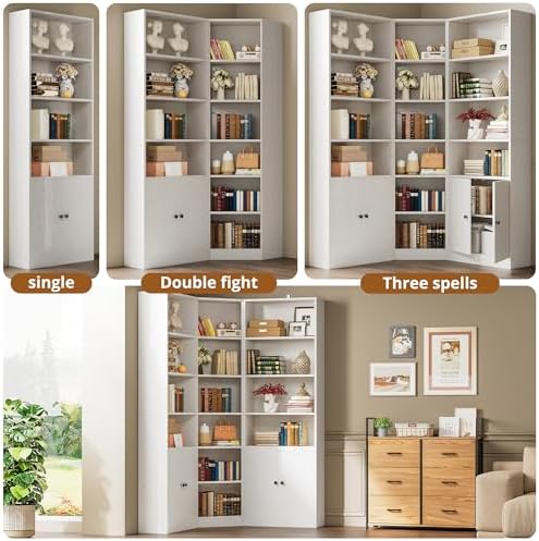 IRONCK Corner Bookshelf, 71" Tall Bookcase with 2 Storage Cabinets, White