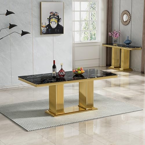 7-Piece Dining Table Set for 6, 68" Black Marble Kitchen Table with 6 Bl...