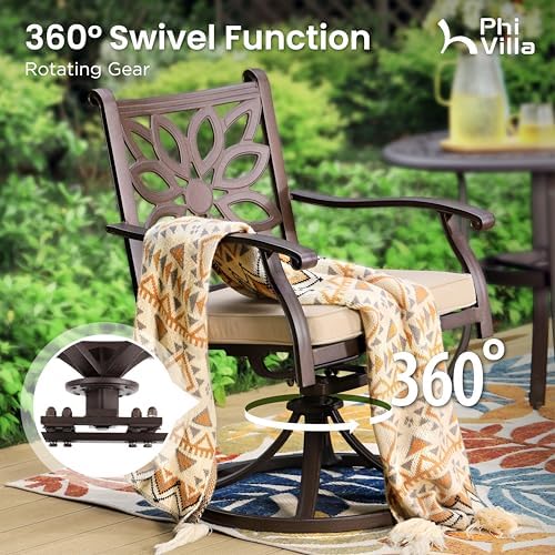 PHI VILLA Patio Dining Set, Swivel Chairs, 54" Round Cast Aluminum Table