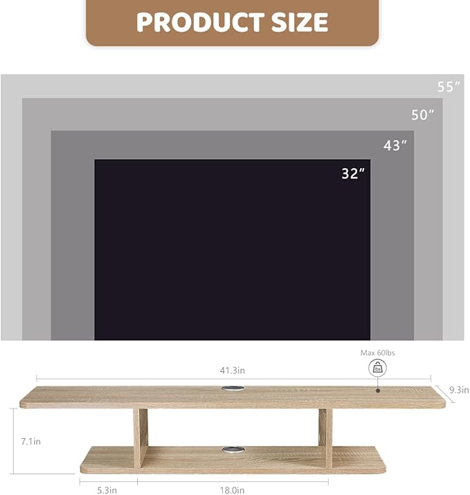 GHC Floating TV Stand, Wall Mounted Entertainment Center and Cabinet Shelf, TV Console with Storage, Media Console for DVD Player, Space-Saving Under TV Shelf for Bedroom, Living Room (Natural Oak)