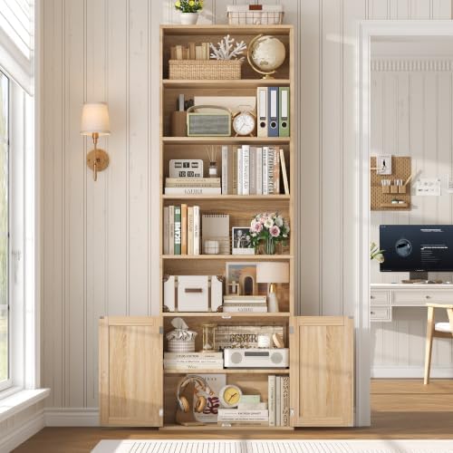 FACBOTALL 82" Tall Bookcase, Farmhouse Bookshelf with Doors,Light Oak