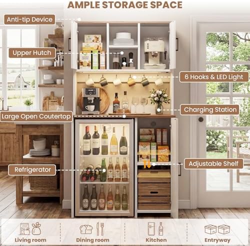 Unikito Mini Fridge Cabinet with Storage, Outlet and LED Light, White