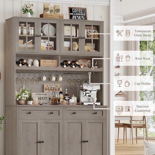 HOSTACK Kitchen Pantry Storage Cabinet, Coffee Bar Hutch Cabinet, Ash Gray