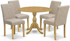 East West Furniture DMAB5-OAK-04 5 Piece Dining Set Includes a Round Dining Room Table with Dropleaf and 4 Light Tan Linen Fabric Upholstered Parson Chairs, 42x42 Inch, Oak