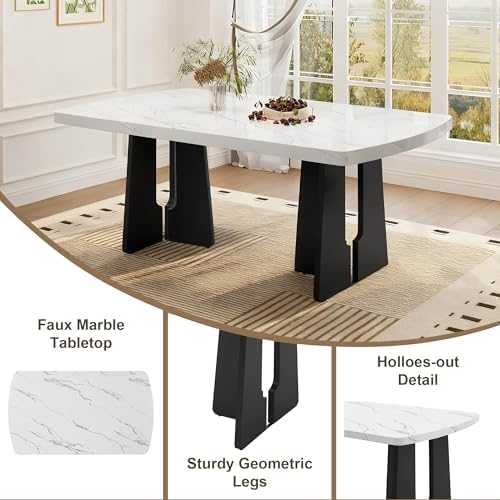 Merax 6 Piece Dining Table Set, 63" Faux Marble Dining Table with 4 Upho...