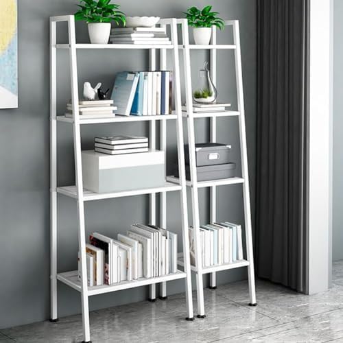 4 Tier Metal Ladder Bookshelf, Modern Open Storage Rack for Living Room, Bedroom, Balcony. Space Saving Steel Shelves with Adjustable Feet. Easy Assembly. Red
