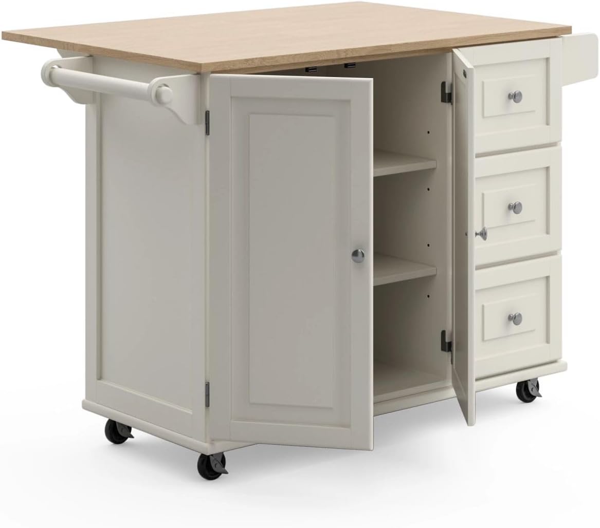 Homestyles Dolly Madison Off-White Mobile Kitchen Island Cart with Wood Drop Leaf Breakfast Bar