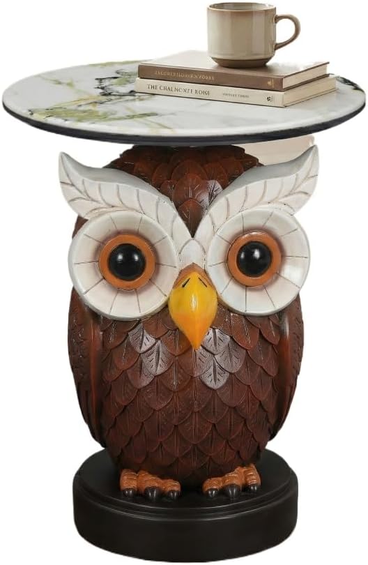 Owl Side Table, Round End Table with Faux Marble Top, Resin Owl Statue Base, ...