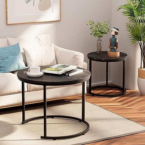 aboxoo Round Nesting Coffee Table Side Set of 2 End Tables for Living Room Be...