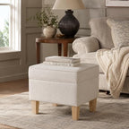 HomePop Home Decor | Upholstered Modern Rectangular Storage Ottoman | Hinged Lid Ottoman with Storage for Living Room & Bedroom, White Woven Stripe