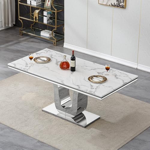 SSLine Modern White Marble Dining Table for 6-8 Rectangle 68" Faux Marbl...