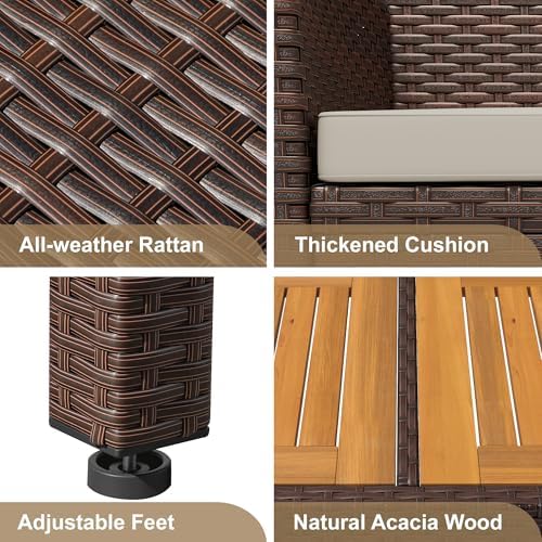 Devoko 7 PCS Acacia Wood Patio Dining Set, Brown Rattan