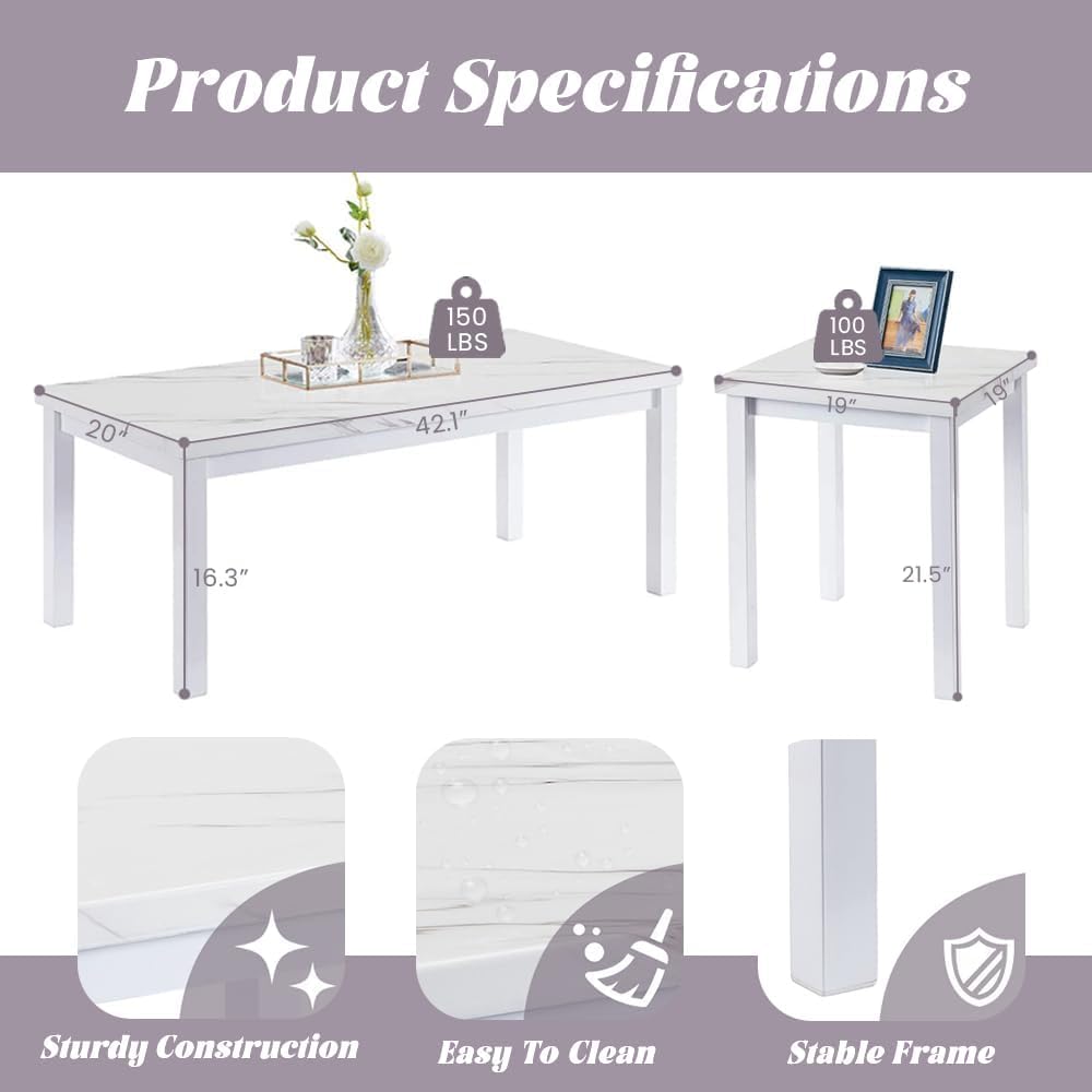 Recaceik Coffee Table Set of 3, Modern Living Room Table Set, Faux Marble Cof...