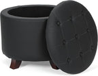 Athena Collection 20 Inch Small Ottoman with Storage, Round PU Leather Storage Ottoman with Removable Lid, Stylish Footstool Foot Rest for Living Room, Bedroom, Dorm, Black