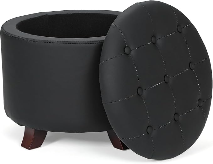 Athena Collection 20 Inch Small Ottoman with Storage, Round PU Leather Storage Ottoman with Removable Lid, Stylish Footstool Foot Rest for Living Room, Bedroom, Dorm, Black
