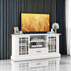 Tangkula Farmhouse TV Stand for TV up to 65 70 Inches, Tall Media Console Table with 2 Glass Storage Cabinets, 1 Drawer & 2 Open Shelves, Wooden Entertainment Center for Living Room (White)