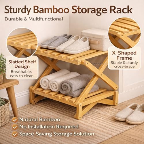 The 9-Tier No-Assembly Bamboo Rack, 2026 Upgraded Foldable Shoe Organizer , Tall Narrow Corner Shoe Shelf / Storage Stand for Entryway Closet Dorm, 2-9 Tiers, Natural or Tea Color (Nature,9Layer)