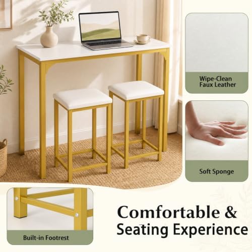 COSTWAY Dining Table Set, Counter Height Table & 2 Upholstered Stools