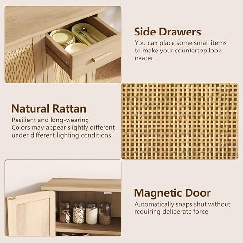 Keehusux Rattan Storage Cabinet with 3 Doors and Drawer, Natural Oak
